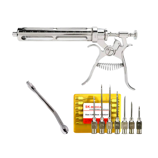 Set de Vacunación: Jeringa Automática + 12 Agujas Vet + Canula Universal